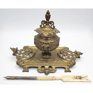 Antique Victorian Gilt Bronze Griffin Inkwell Stand Carved Dip Pen 1800s